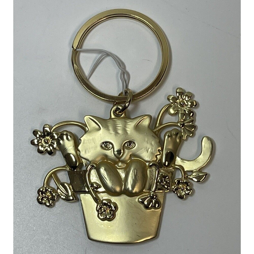 AJC Gold Tone Cat In Flower Basket Keychain New